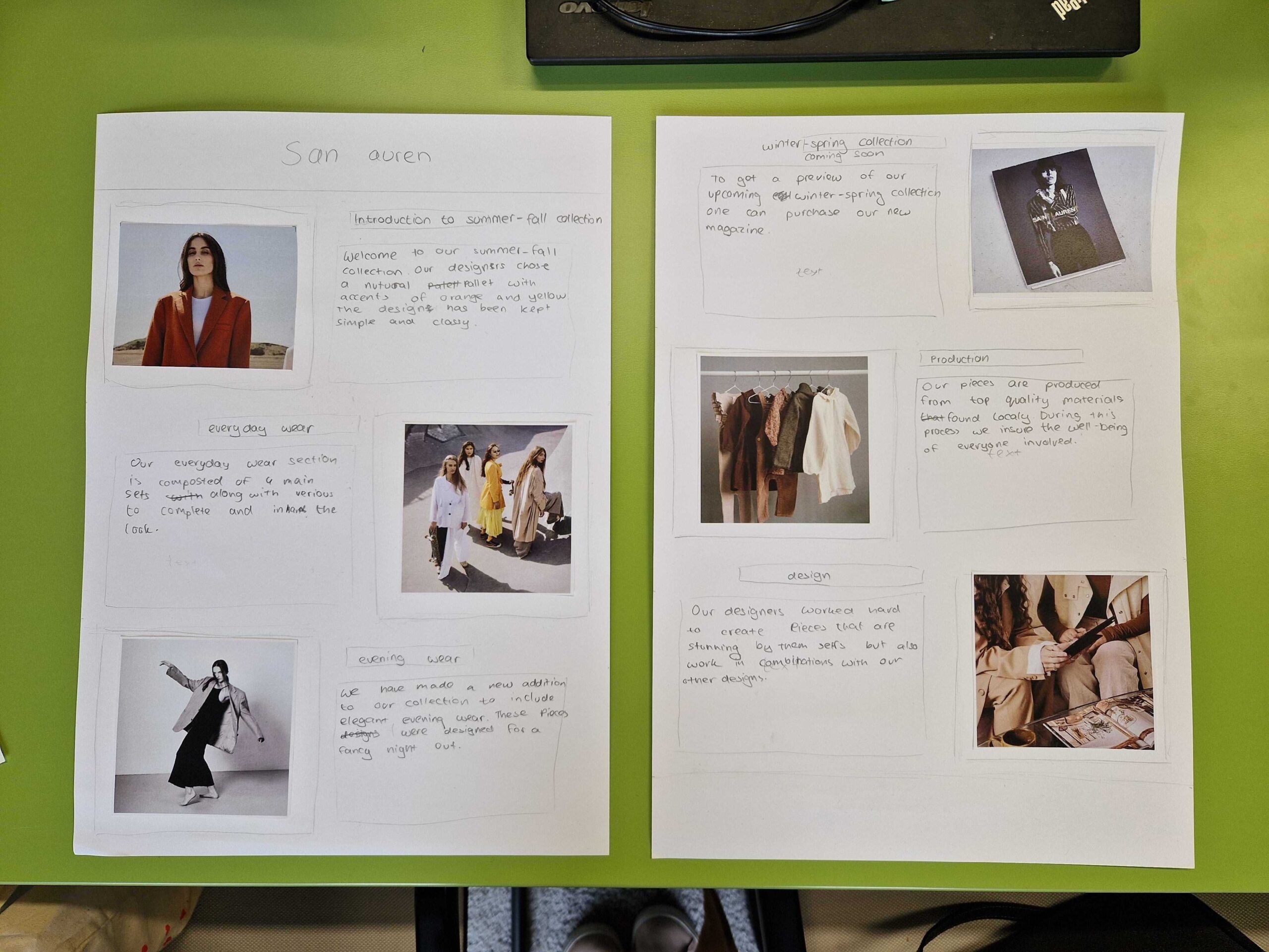 Foto eines designten Papierprotoypes zum Thema Lifestyle. Man sieht verschiedene Models und es wird eine Kleidungskollektion mit dem Titel "San auren" in Blogform mit Sektionen.