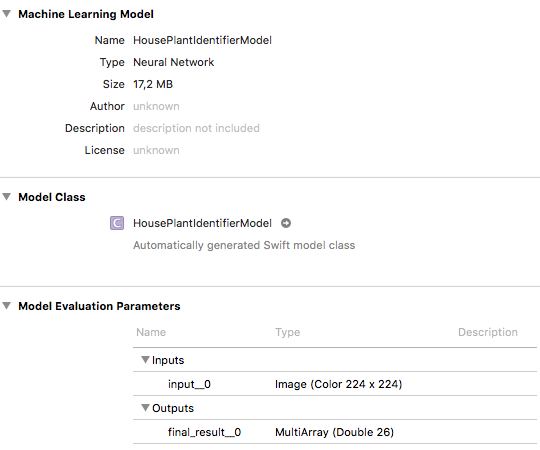 Importing the Core ML model into Xcode.