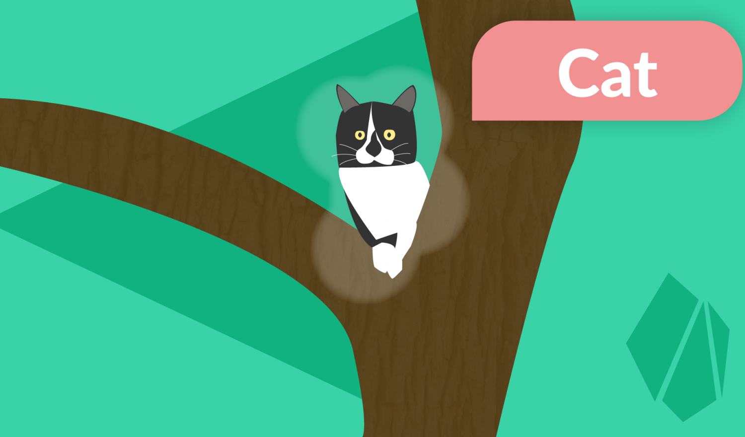 A cat sitting in a tree with a stylized image captioning