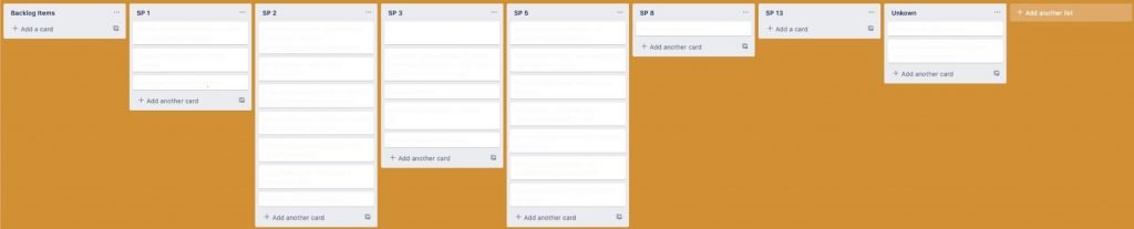 A Trello board with differently filled columns.