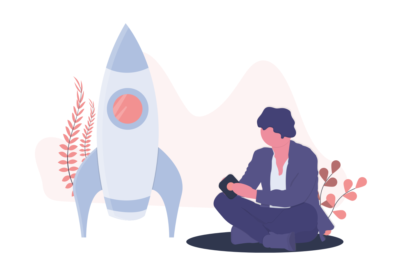 Illustration von einem Menschen, der neben einer Rakete sitzt.