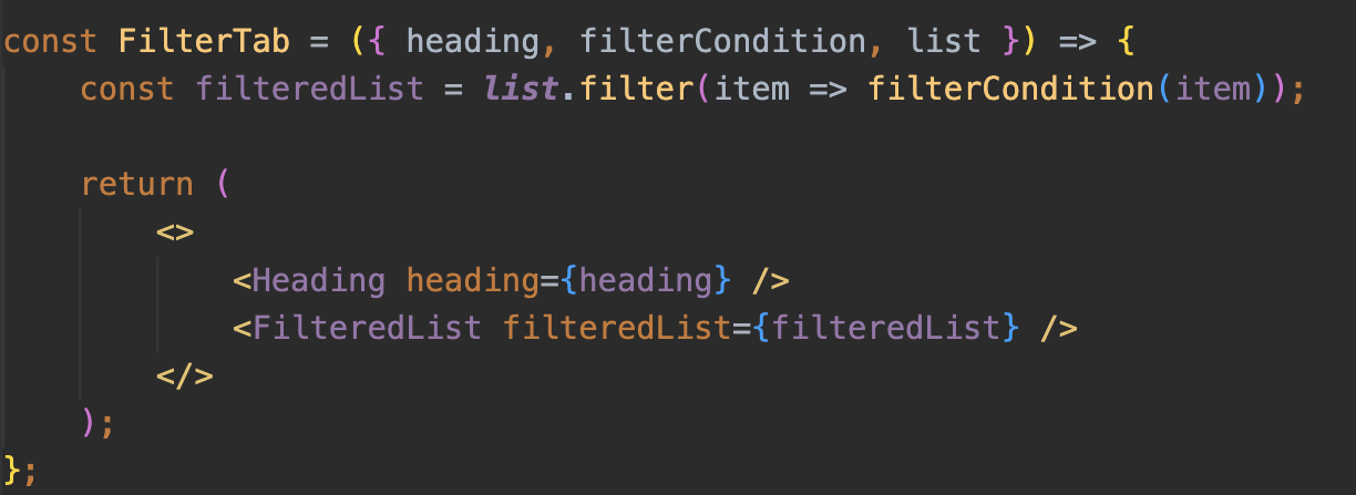 Screenshot from a VS Code editor, that shows React Component called FilterTab, which, in turn, renders two additional components called Heading and FilterList
