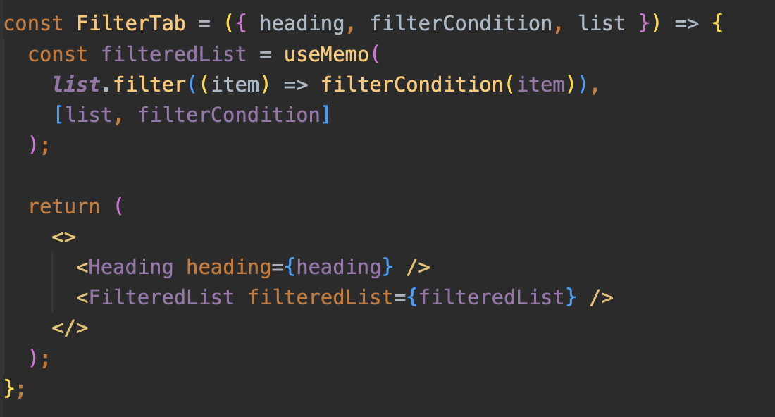 A screenshot from a Code editor which shows react component written in JSX