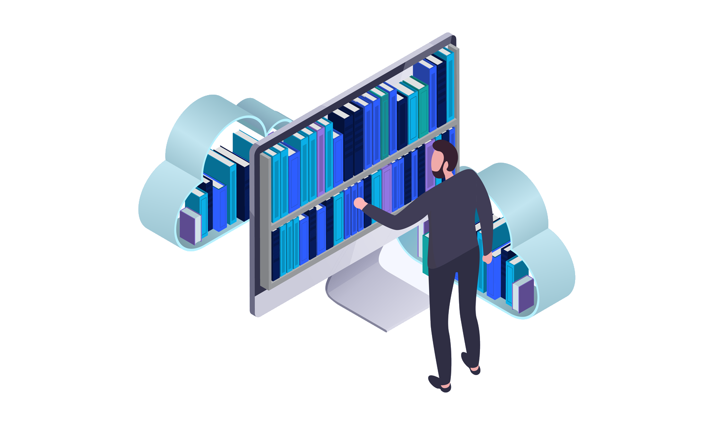 Grafik eines Mannes, der sich Daten aus einem virtuellen Bücherregel nimmt, das von der Cloud umgeben ist.