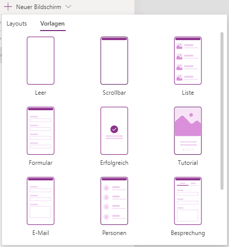 Vorlagen von Screens in Microsoft Power Apps.