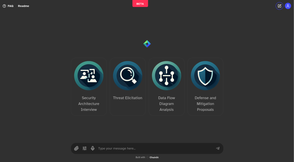 Screenshot of the start page Threat Modelling support chatbot with an inpot field and four buttons to select one of the use cases