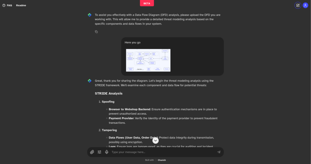 Screenshot of the Threat Modelling support chatbot analyzing a data flow diagram