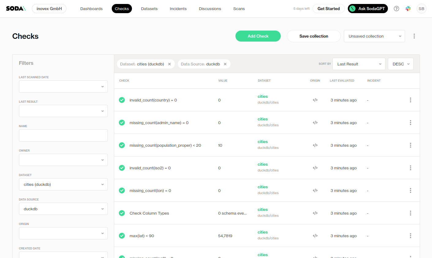 Übersicht von Checks im Soda Cloud Dashboard