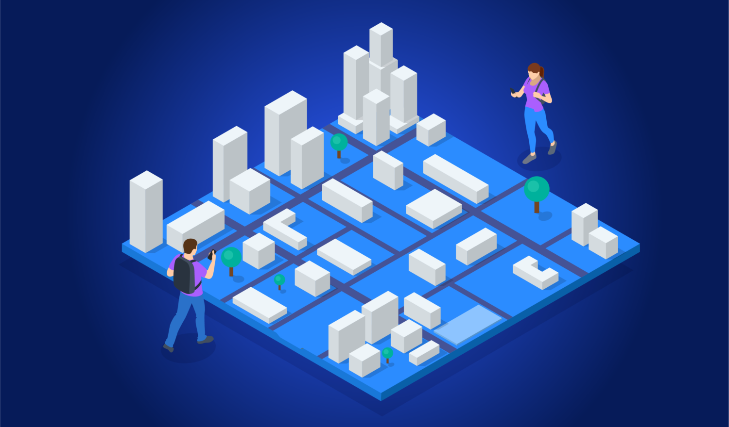 Grafik: zwei Menschen stehen sich gegenüber. Zwischen Ihnen ist eine 3D simulierte Stadt mit Häusern und Bäumen.