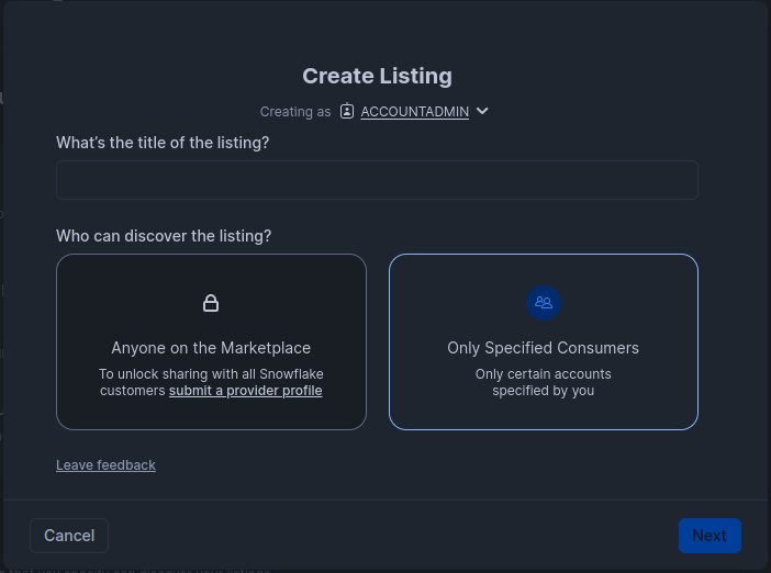 Create Listing in Snowsight