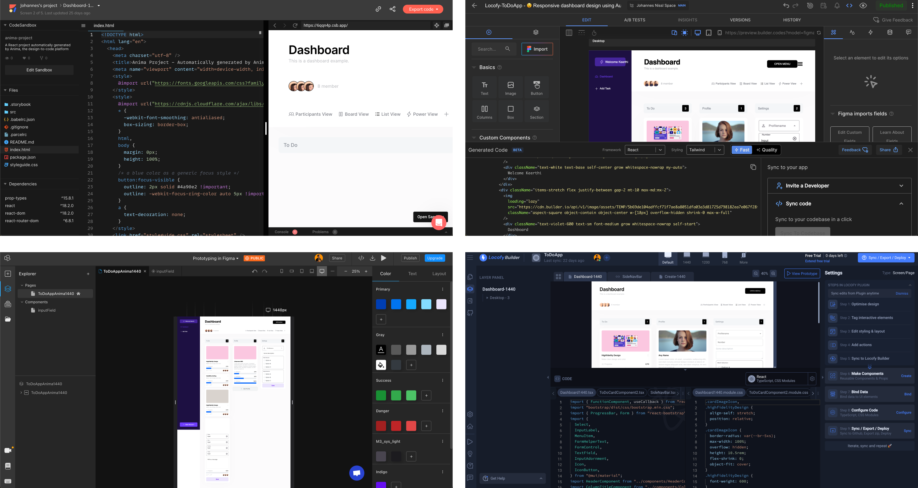 Beispiele für Anwendungsfenster von Anima, Builder.io, TeleportHQ undLocofy