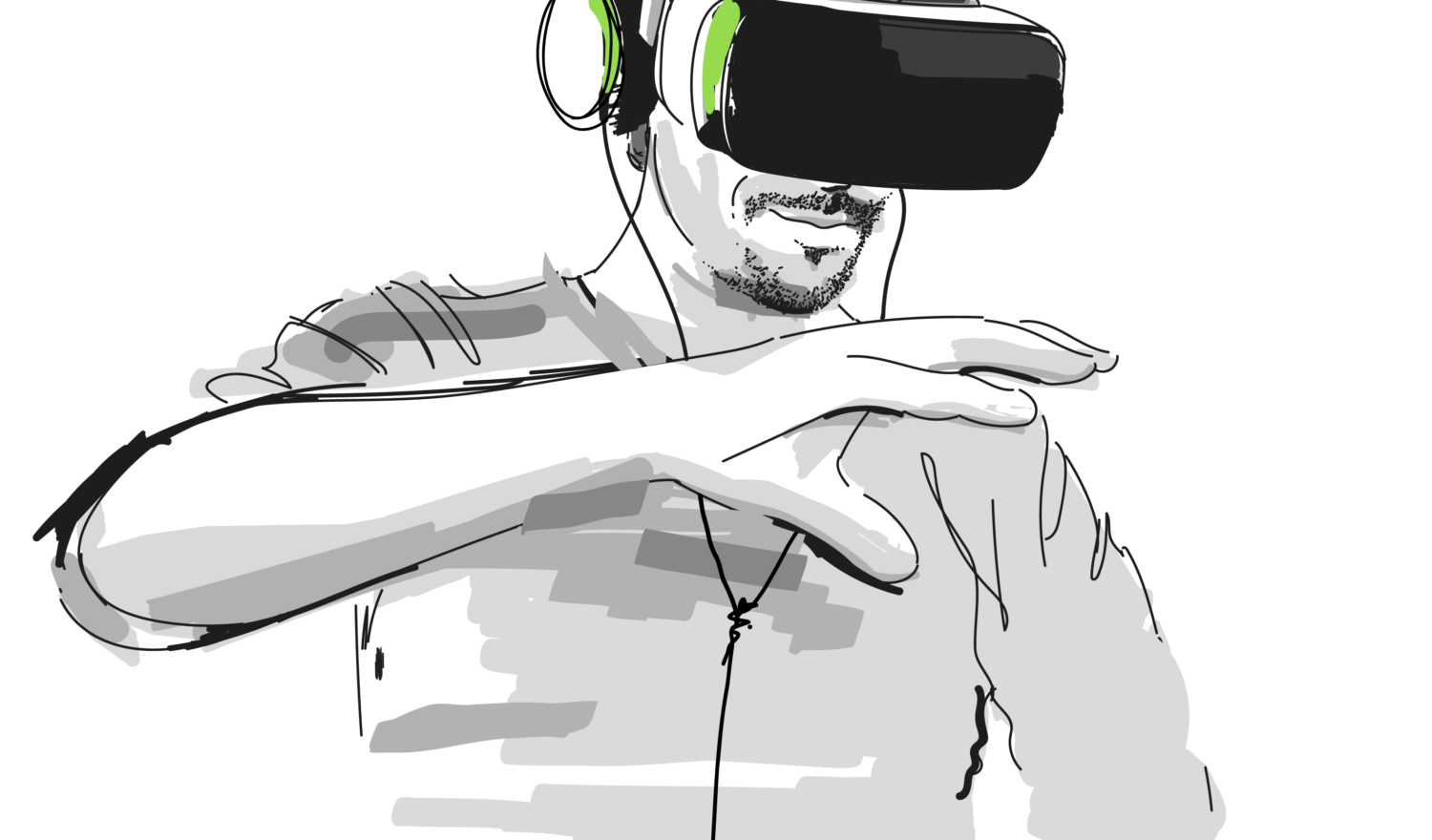 Mensch mit VR-Brille und Kopfhörern