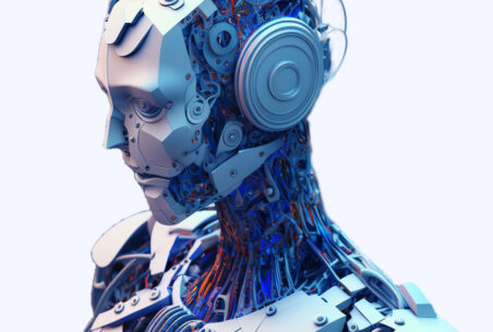 Von Midjourney erstelltes Portrait eines Androiden in Blautönen, das nach linked blickt. Gesicht und Kabel sind erkennbar.