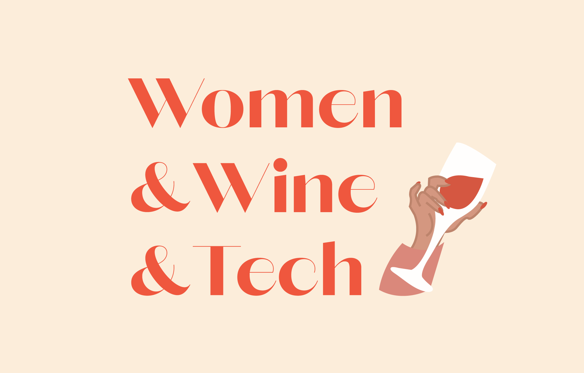 Hand mit einem Weinglas in der Hand und der Beschriftung Women & Wine & Tech